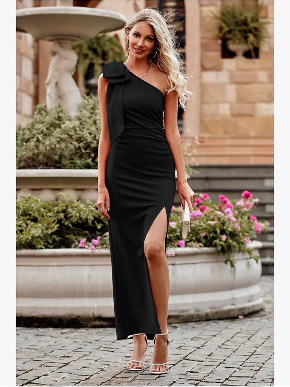 One-Shoulder Black Evening Gown with Side Slit